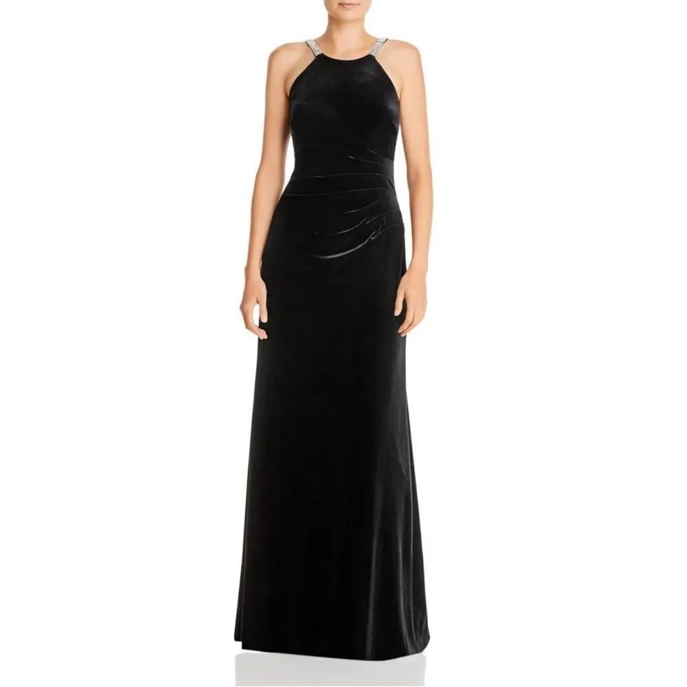 AQUA FORMAL Straps Lined in Rhinstones Full-Length Evening Gown Velvet Dress
